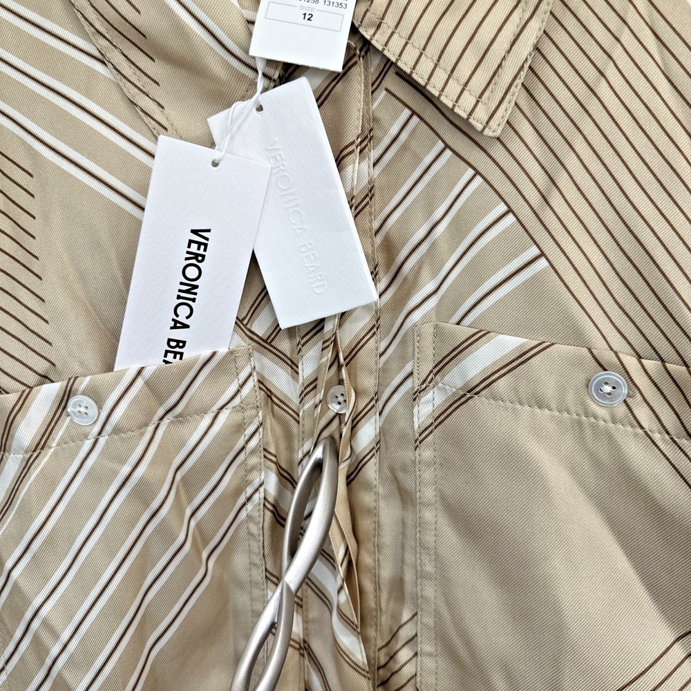 Veronica Beard Size 12 Pryce Striped Mini Shirtdress Silk Blend Stone Khaki Mult - Picture 9 of 15